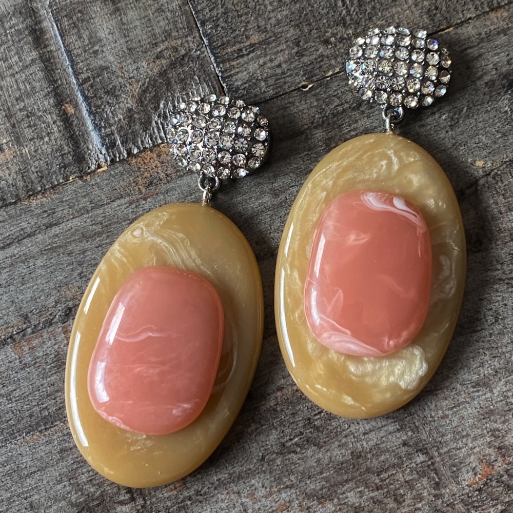 NEW Oval Peach and Butterscotch Statement Earrings with Rhinestones